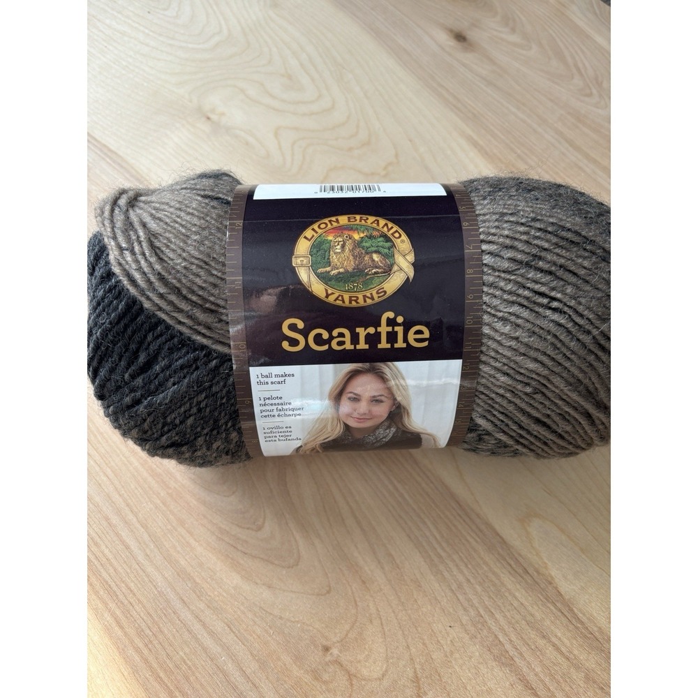 New Lion Brand Scarfie Yarn - Bulky Wool Blend Color Taupe/Charcoal Crochet Knit